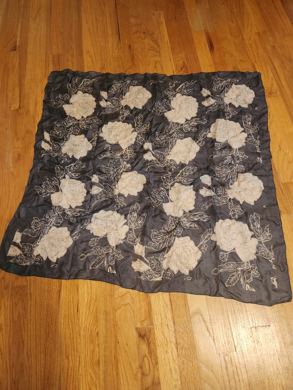 Floral Print Silk Scarf - Navy and Cream